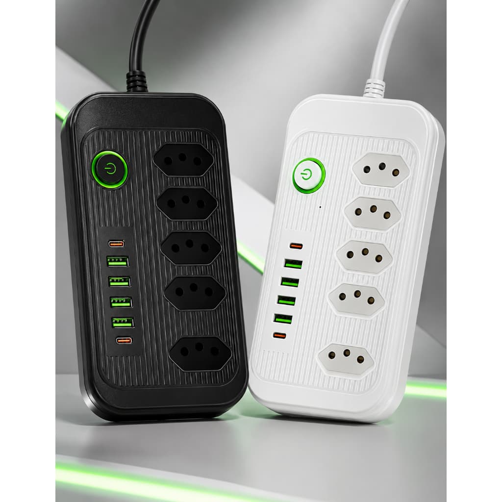 Extensão Elétrica 5 Tomadas + 4 Portas USB Régua Power Led Bivolt 2500w