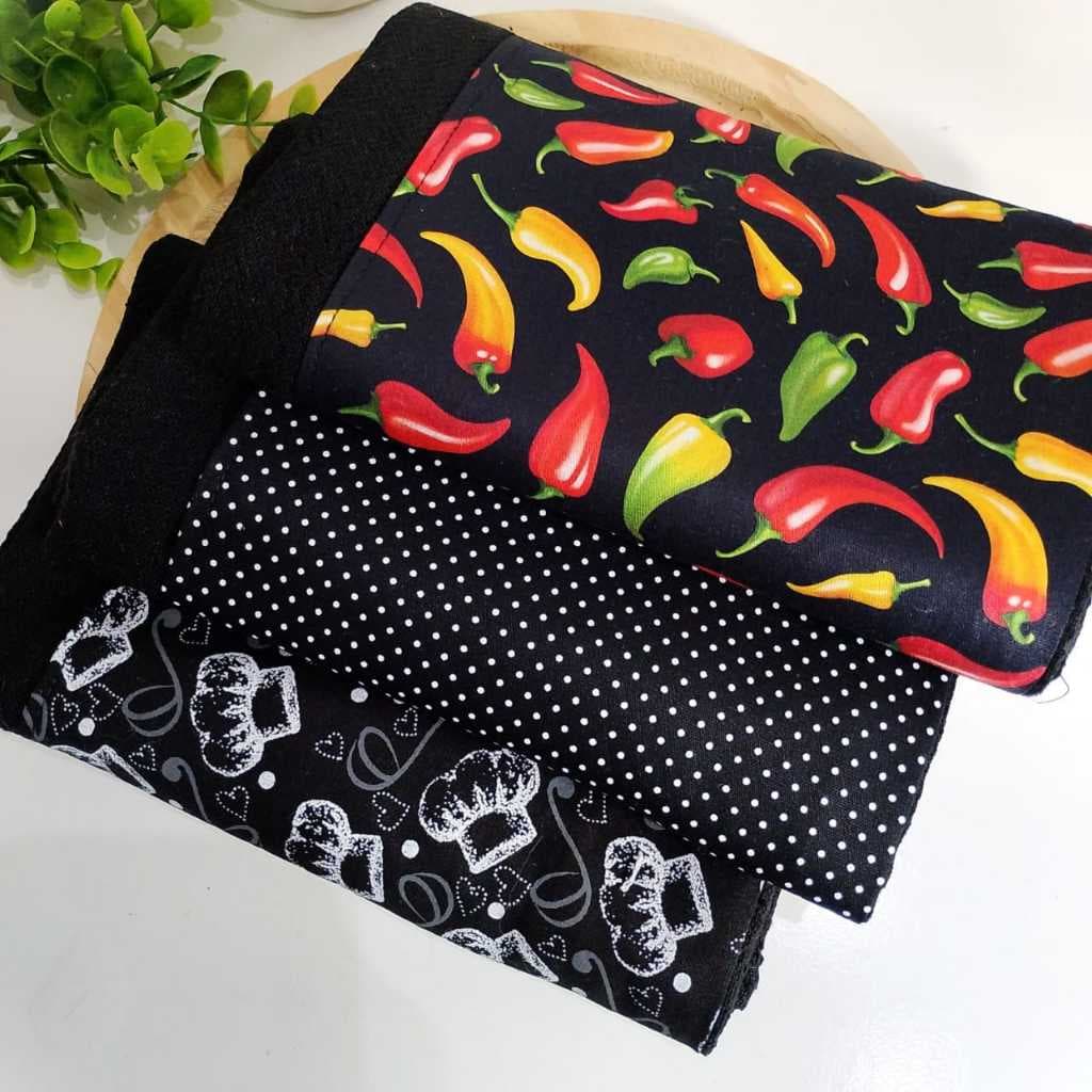 Kit com 3 Panos de Prato Pretos Estampados – 100% Algodão | 41 x 69 cm