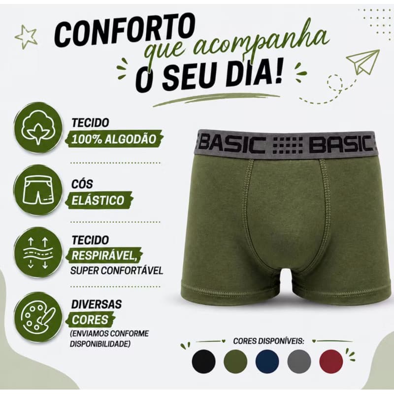 Kit 5 Cuecas Boxer Masculina 100% Algodão Conforto Dia a Dia