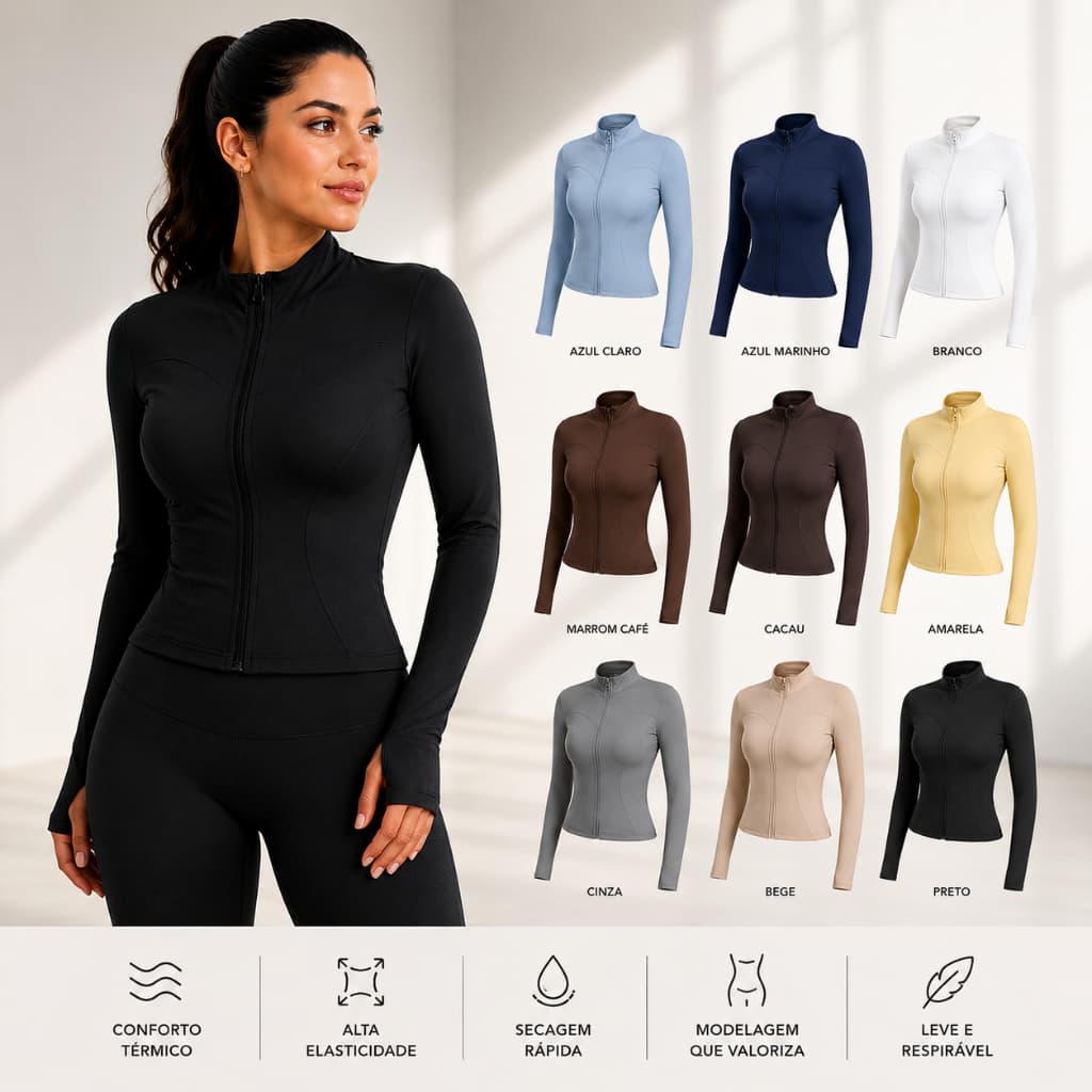 Blusa Colete Casaquinho Fitness Feminino Com Zíper Roupa look Academia Casual Manga Longa