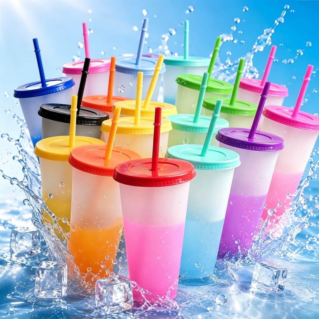 20 copas de mudança de cores com capas e palhas, 24 onças, copas de plástico reutilizáveis, adequadas para festas