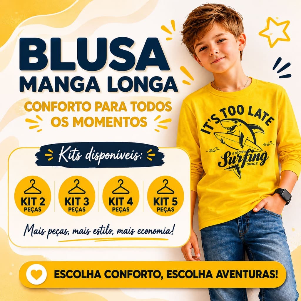 Blusa Manga Longa Infantil Menino Algodão Estampada Sortida 4 Ao 16 Avulso ou Kit 2 Peças