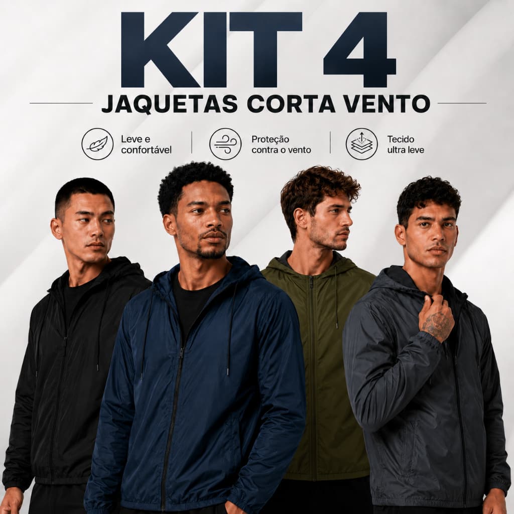 Kit 4 Jaqueta corta vento Masculino semi forrado capuz resistente a água Corrida Lisa Bolso Zíper