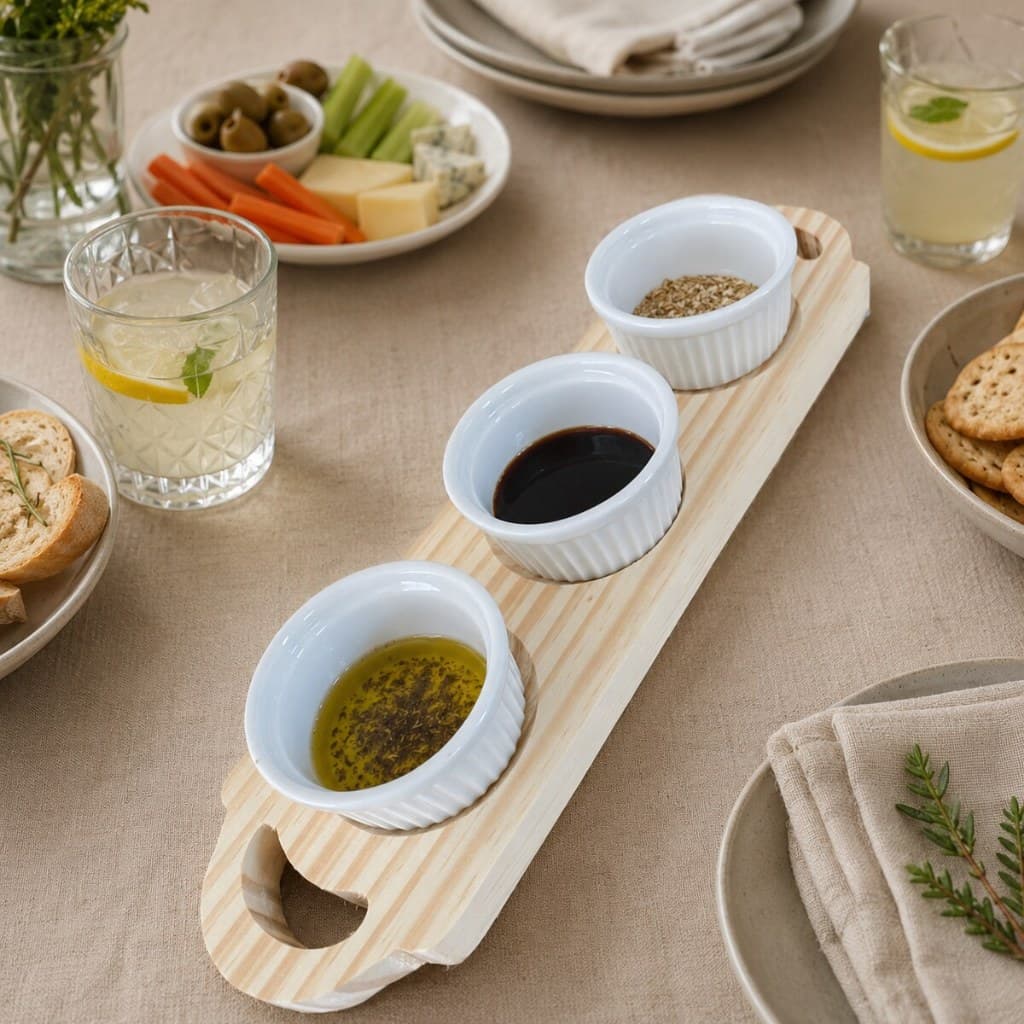 Oferta Kit Tábua Pinus com 3 Ramequins de Porcelana para Molhos e Petiscos Decoração