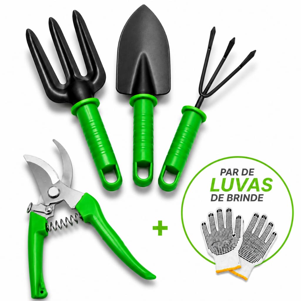 Kit Ferramentas Jardinagem 5 Peças Pá Garfo Ancinho Tesoura Poda Curva Par de Luvas Para Jardim