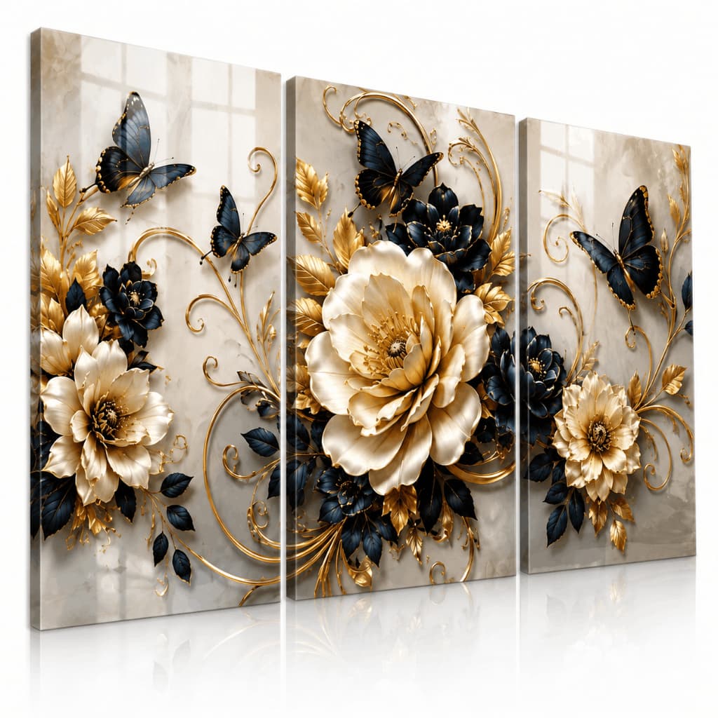 Kit 3 Quadros Decorativos Florais com Borboletas Pretas e Douradas em MDF para Sala Quarto