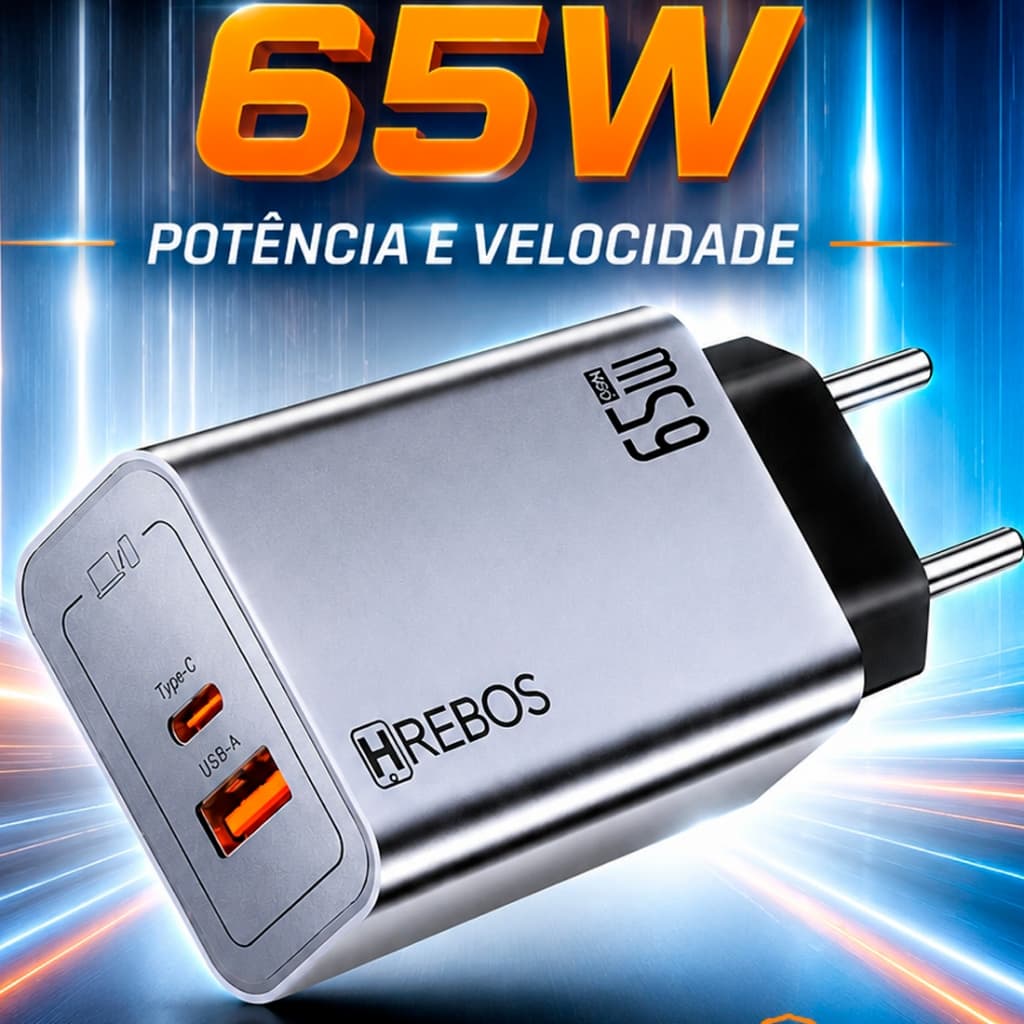 Carregador 65W Hrebos Maxion Charge USB-C USB-A Carregamento Rápido Smartphones Tablets Notebooks CRG-229 Branco GAN