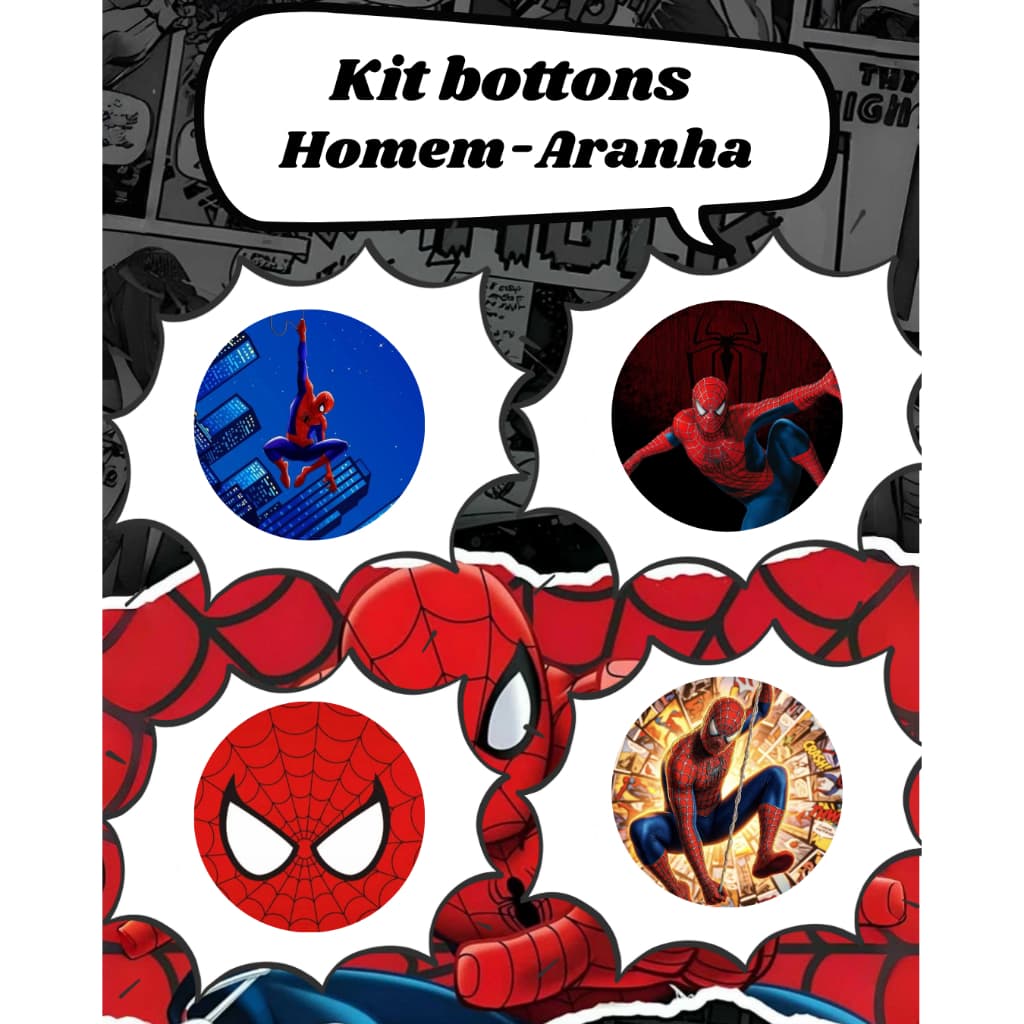 Kit 4 Bottons Homem-Aranha Spider-Man Broche Pin 32mm Para Mochila Estojo Jaqueta Lembrancinha