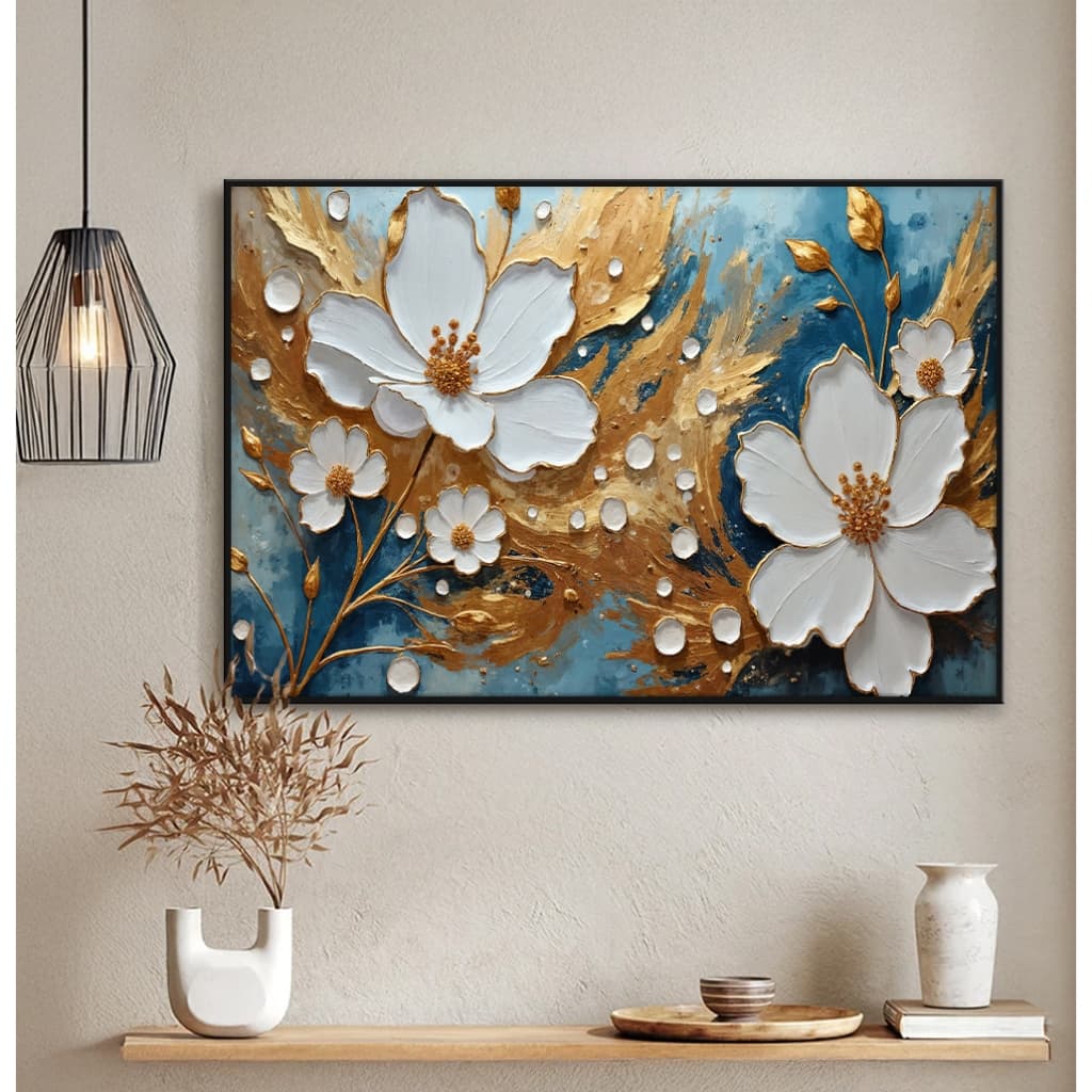 Quadro sem Vidro Floral Flores Brancas com Azul e Dourado Luxo Quadro Decorativo