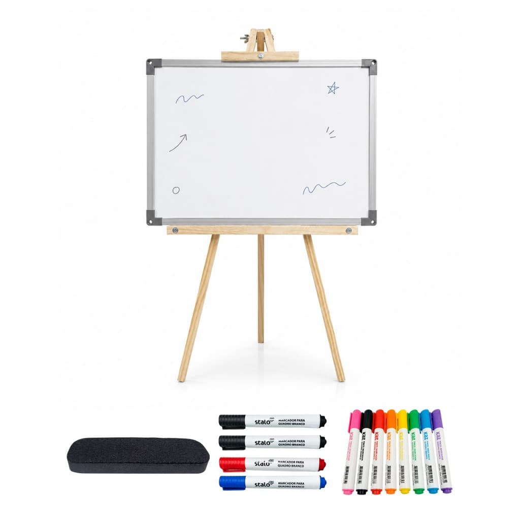 Lousa Branca 40x60 c/ Tripé 100 cm de Pinus + 12 Canetas - Quadro para escrever e apresentar