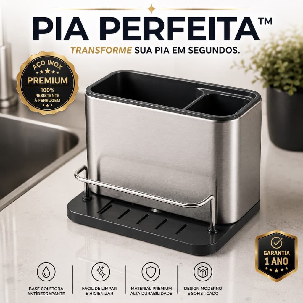 Organizador de Pia Inox Porta Detergente e Esponja com Bandeja Coletora para Cozinha - Pia Perfeita