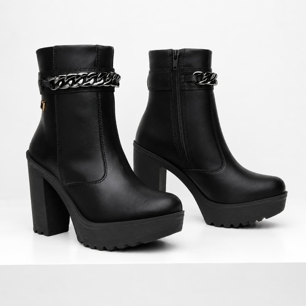 KIT 2 Pares Bota Coturno Feminina Preta Western Metal Dourado Confortável Sola Chunky Tratorada Salto Alto
