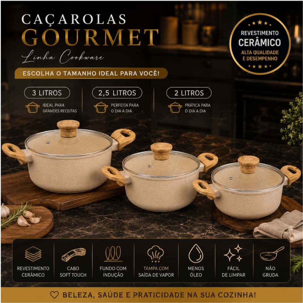 Caçarola Cerâmica Antiaderente Tampa de Vidro Fundo Indução Cabo Soft Touch Gourmet