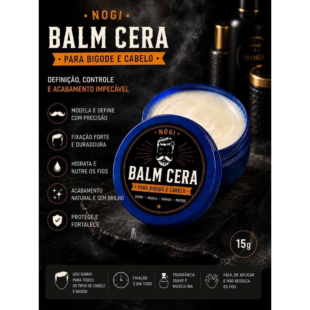 NOGI Balm Cera Modeladora 15g para Bigode e Cabelo Matte Fixação Forte Pomada Masculina Barber Sem brilho Perfume mascul