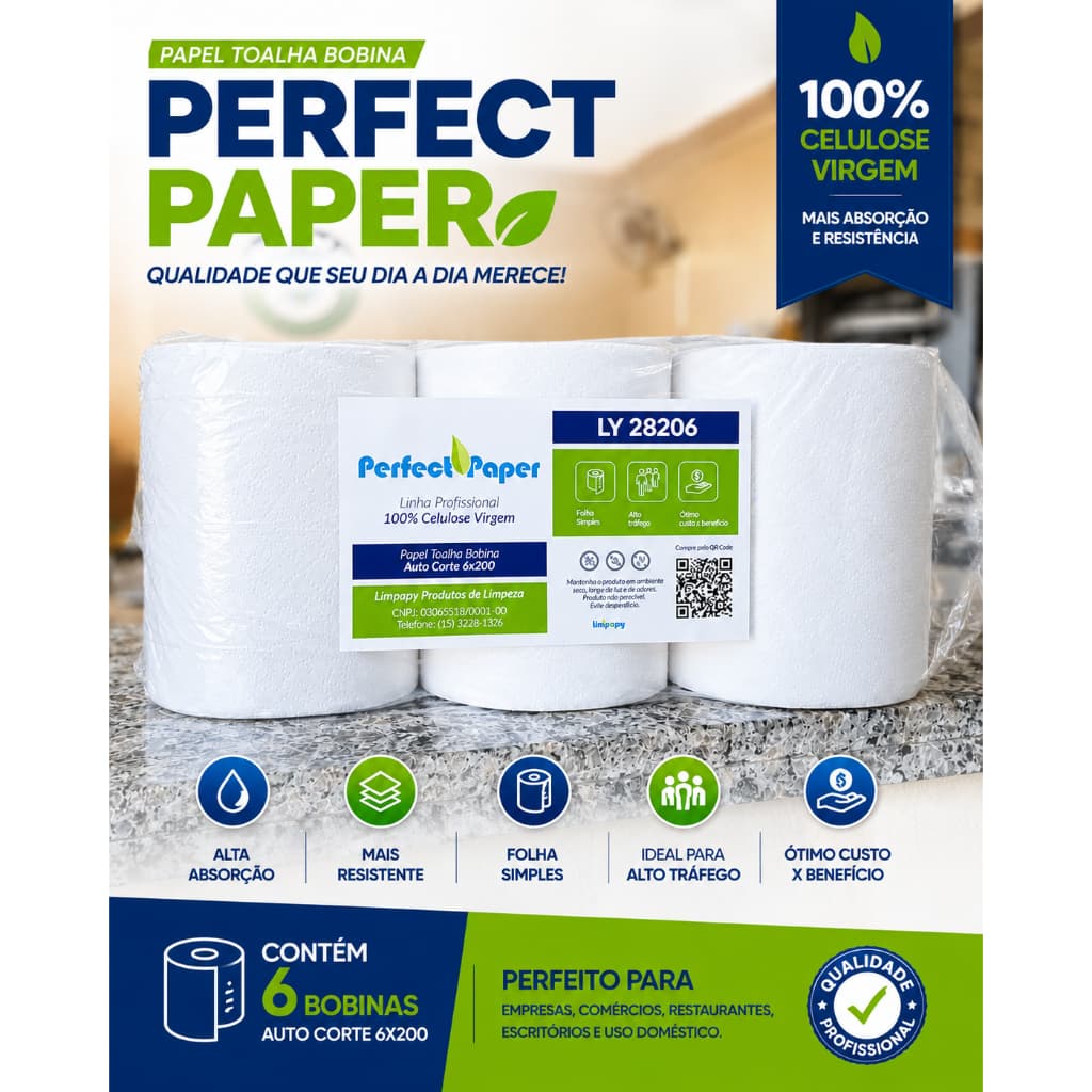 Papel Toalha Bobina 6x200m 100% Celulose Virgem PerfectPaper  Alta Absorção Profissional