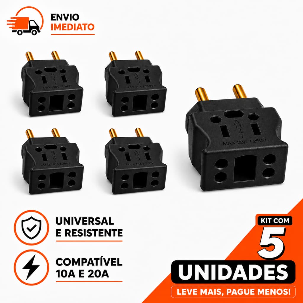 Adaptador Tomada Preto Benjamin Bivolt 10A 20A Pino Maciço Porcelana Ultra Resistente 3 Entradas
