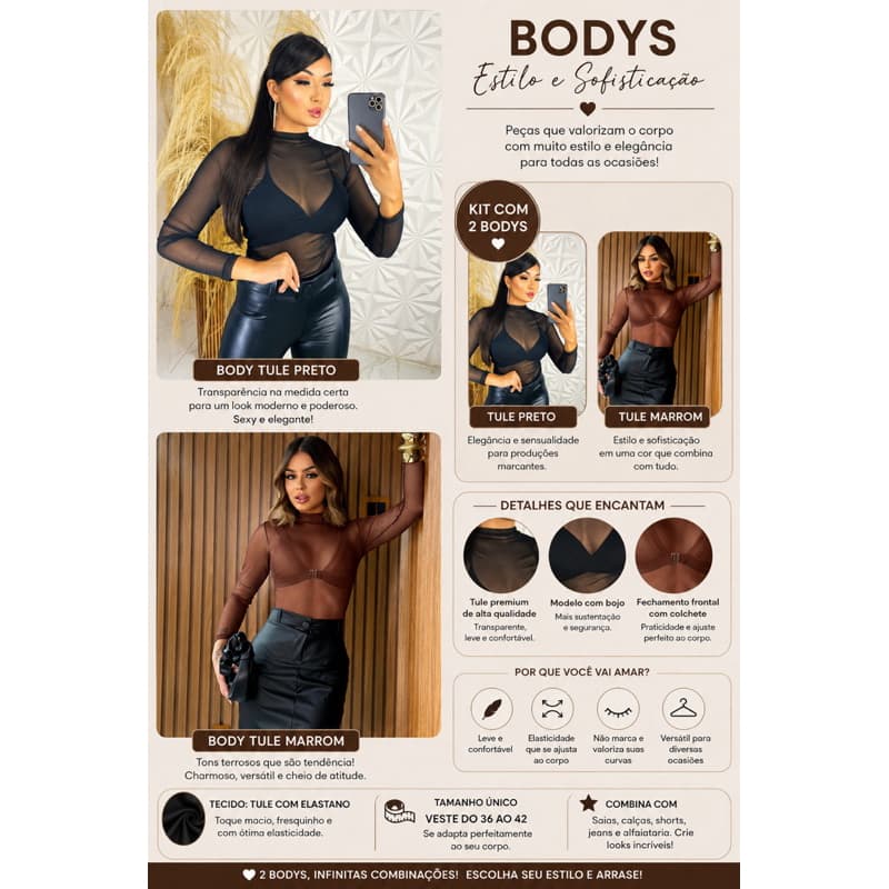 2 Bodys Tule Manga Longa Marrom Preto