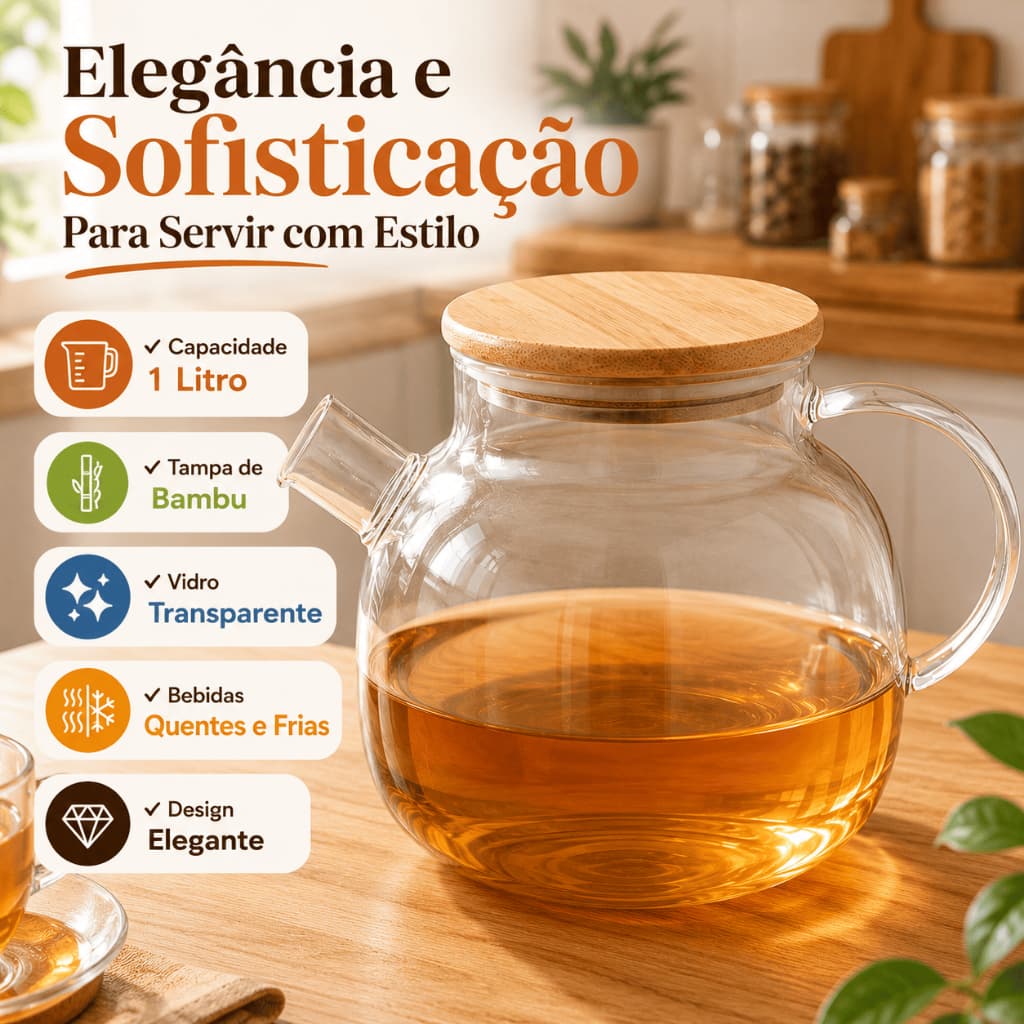 Chaleira de Vidro 1 Litro com Tampa de Bambu Bule para Chá Café premium Infusão vidro Borossilicato