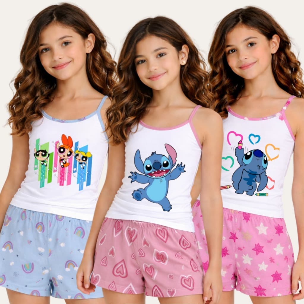 Kit 3 Pijamas Infantil Feminino Baby Doll-Short doll De Criança Estampado Sortido
