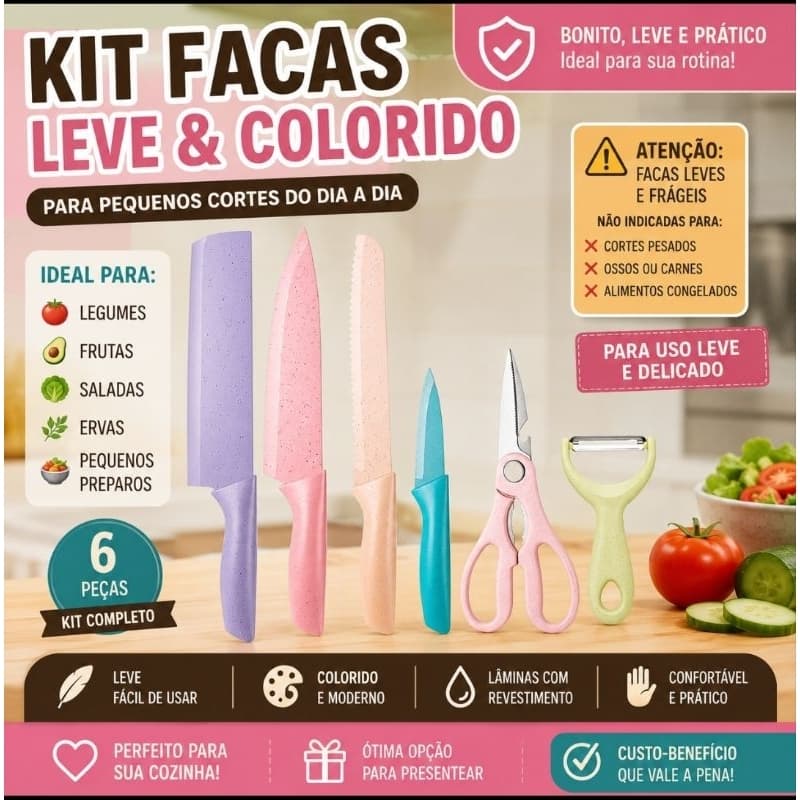 Kit Facas Cozinha 6 Peças Coloridas Com Tesoura e Descascador | Ideal para Legumes, Frutas e Saladas