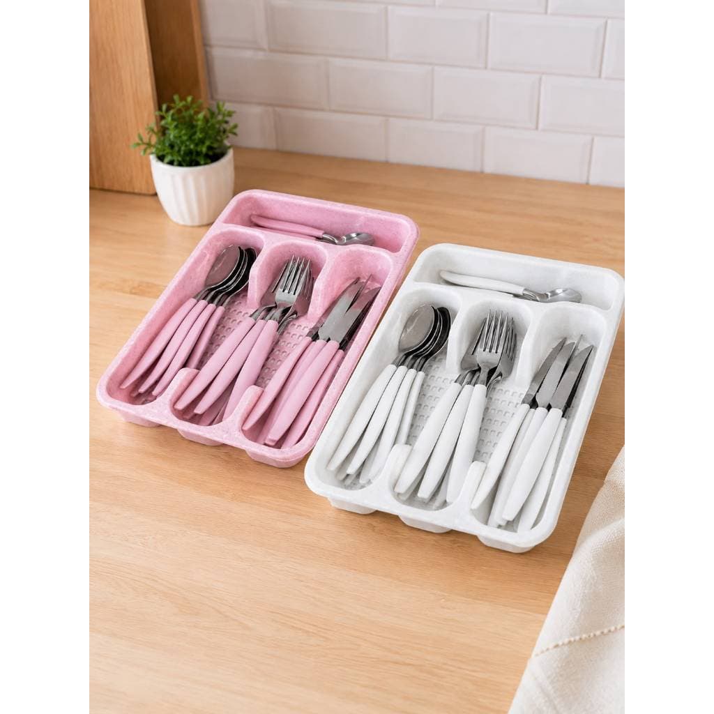 Conjunto Talheres Inox 25 Peças Com Organizador Jogo Completo Garfo Faca Colher Cozinha Branco Rosa