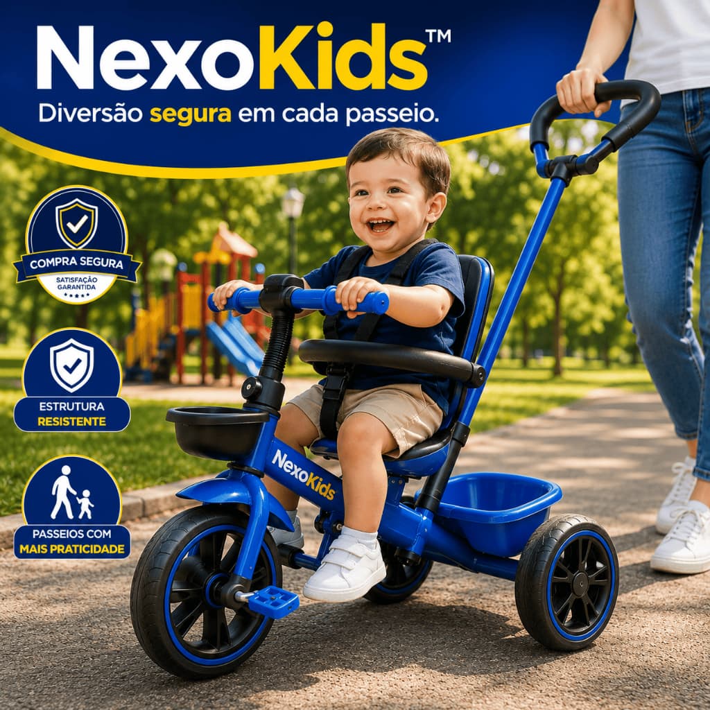 Triciclo Infantil Com Assento Seguro Empurrador Conforto Azul