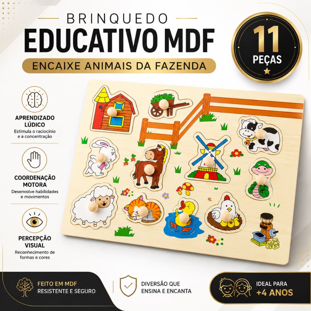 Brinquedo Educativo Tabuleiro MDF de Encaixe Animais da Fazenda e Formas Geométricas Montessori