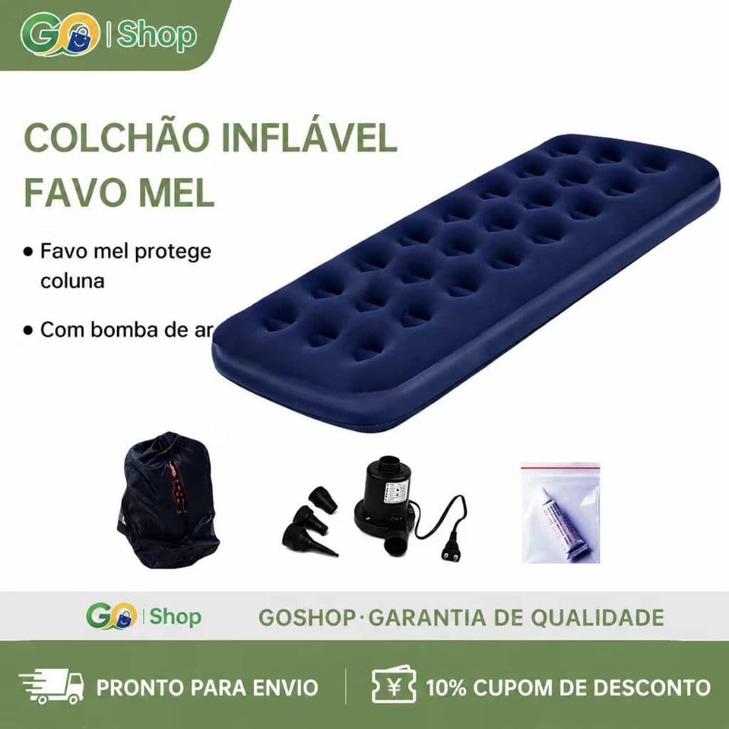 Colchão Inflável Casal Aveludado Suporta Até 200kg Azul Com bomba de ar manual