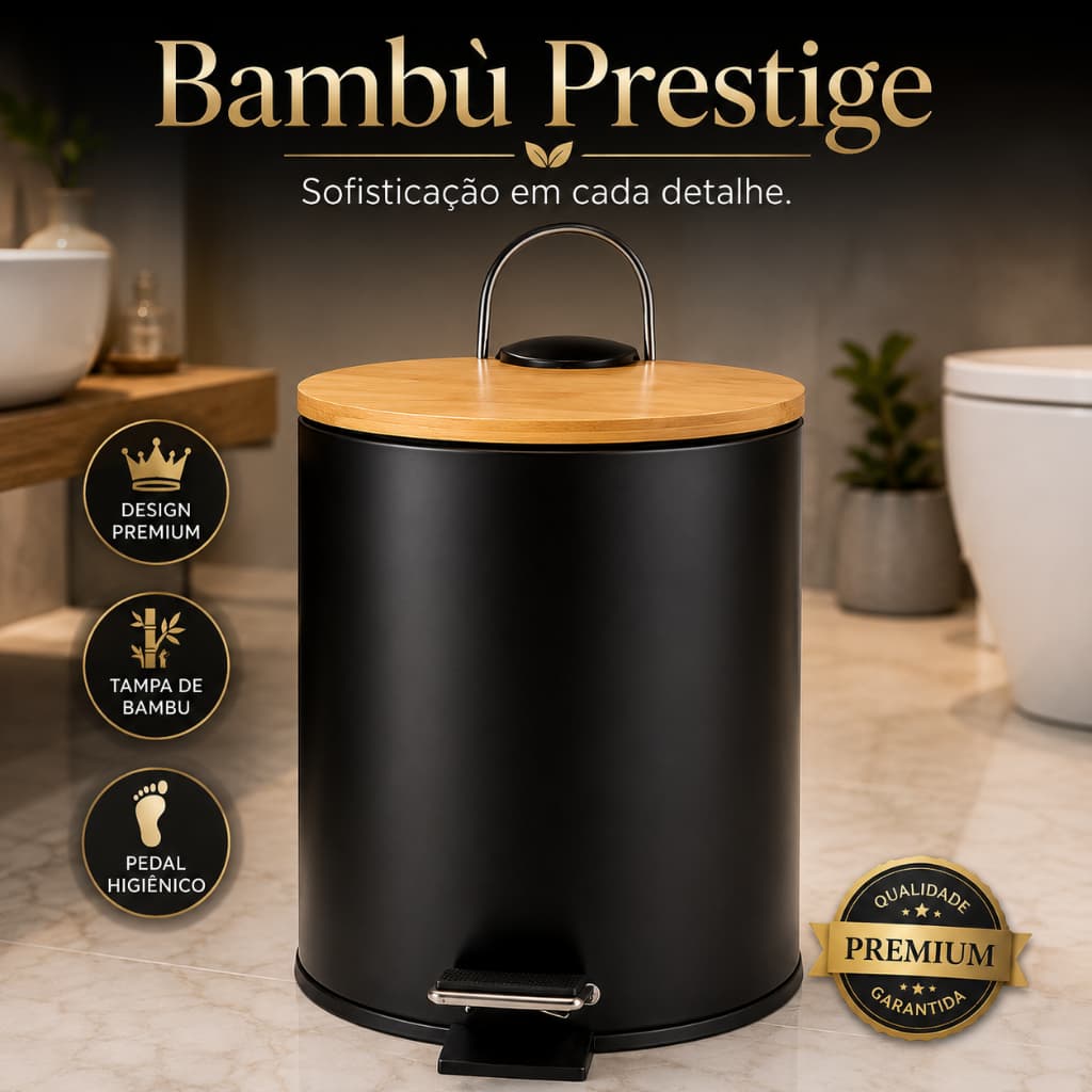 Lixeira de Pedal 5L Banheiro Tampa de Bambu Balde Removível Preta Moderna Premium Bambù Prestige