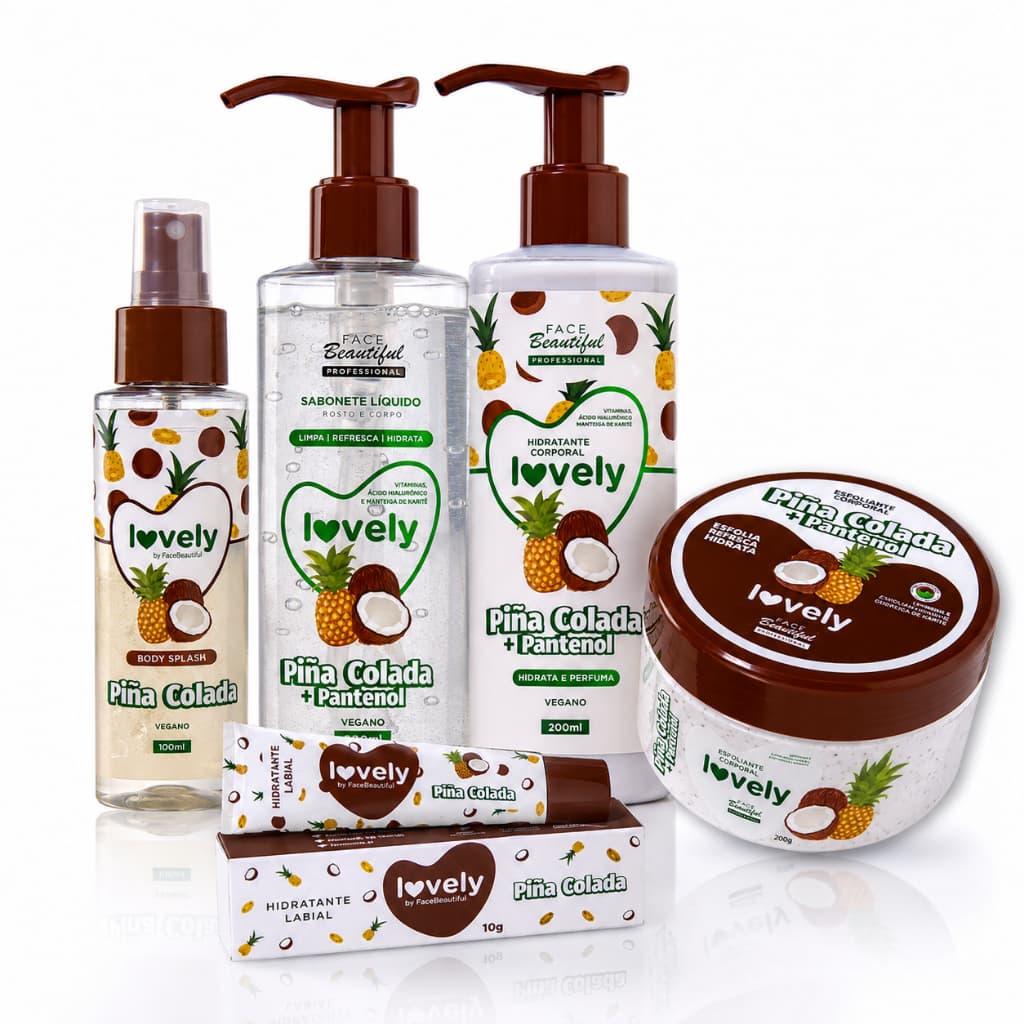 Kit Linha Lovely Sabonete, Esfoliante, Hidratante Labial e Corporal e Body Splash Face Beautiful