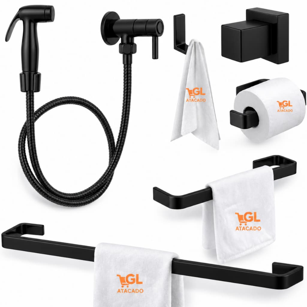 Kit Banheiro Completo Preto Luxo 4 Peças + Ducha Higiênica Alta Pressão Chuveirinho + Acabamento De Registro Luxo