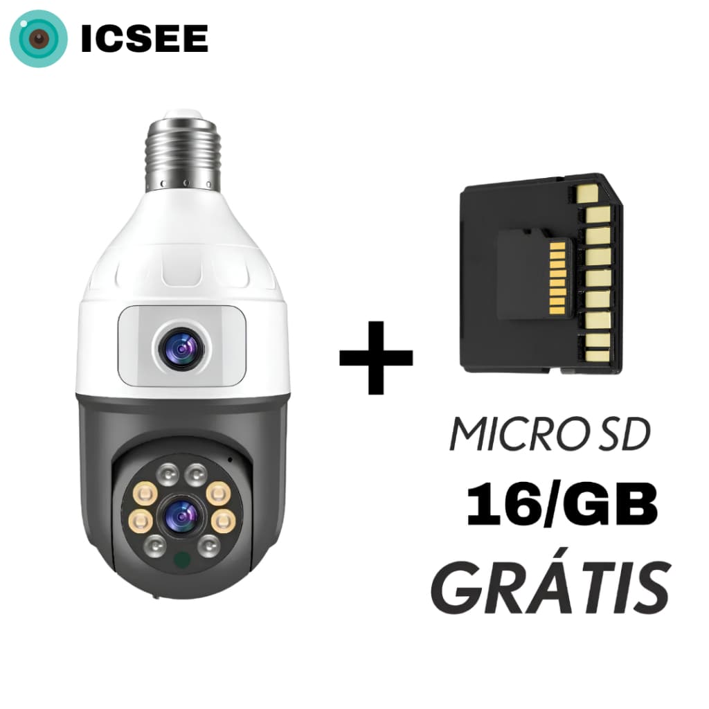 Kit Câmera Segurança Wifi Dupla Lentes Lâmpada Noturna 360 + Cartão MicroSD 16GB