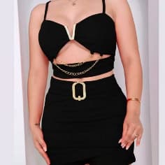 Conjunto Feminino Cropped Com Bojo Corrente E Short Saia Fivela