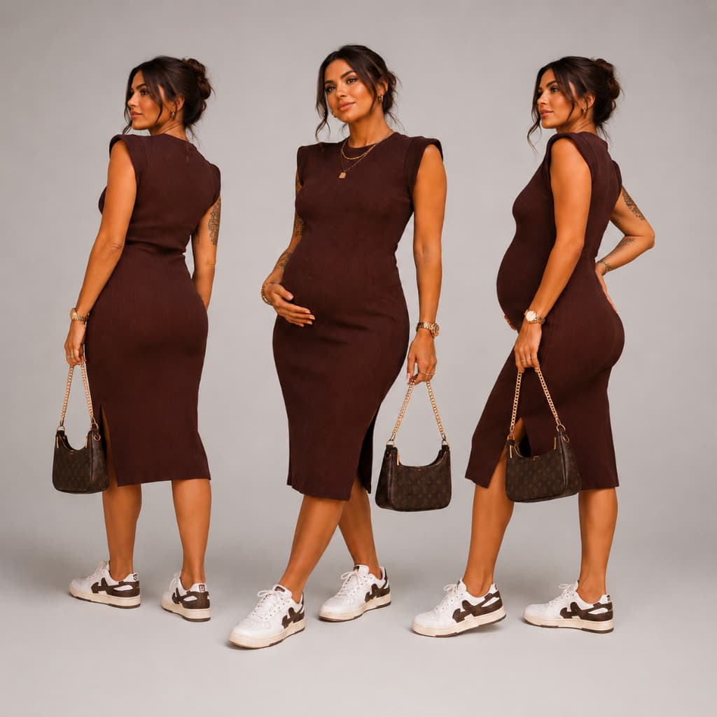 Vestido para Grávida Colado Midi Gestante Canelado Muscle Tee com Fenda  Confortável Casual e Elegante