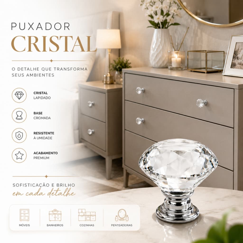 Puxador Cristal de Armário Gavetas Móveis Porta Modelo Cristal 30mm Medio Base Cromada