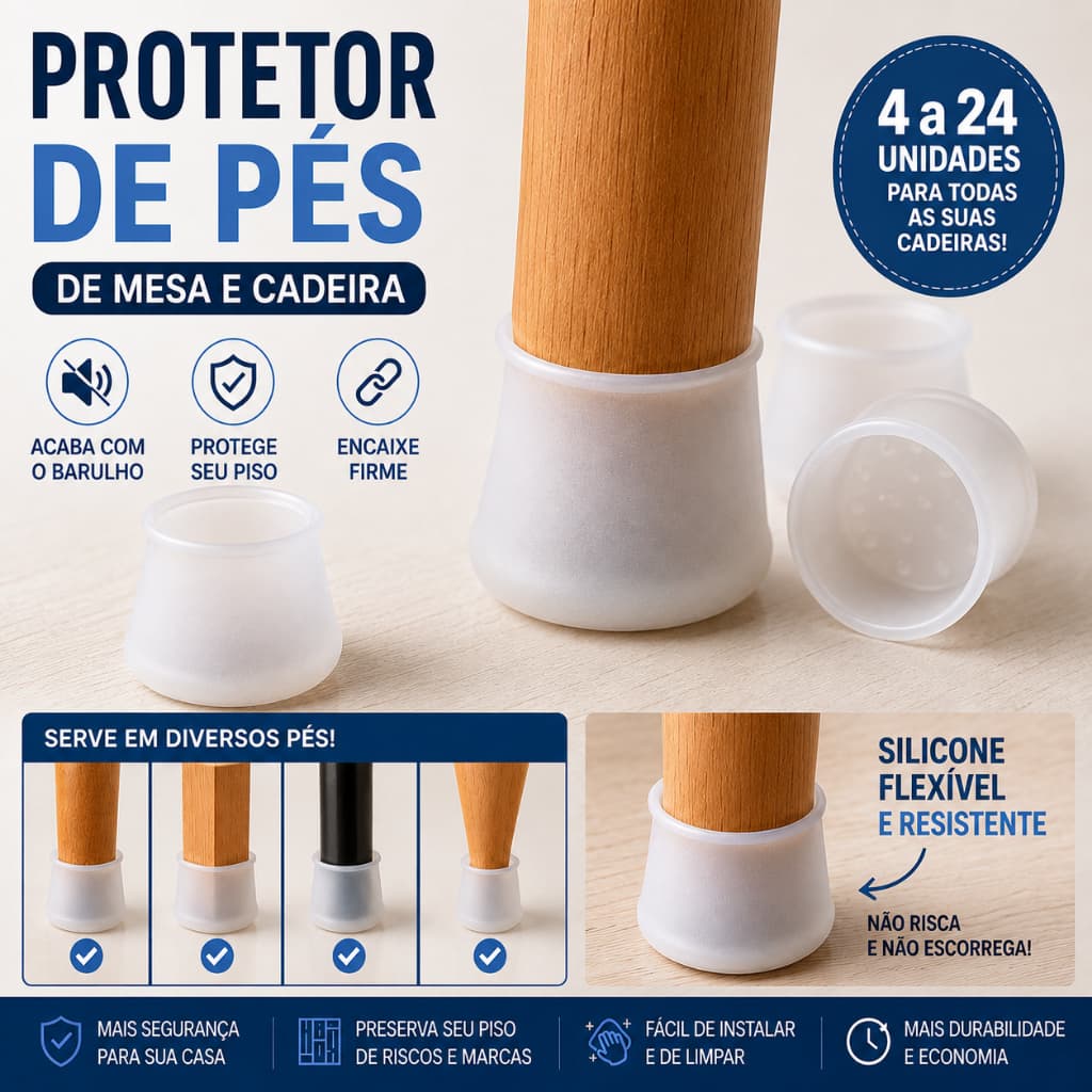 Protetor de Pés para Cadeira e Mesa em Silicone Kit 4/12/16/24 Borracha para Móveis Anti Risco