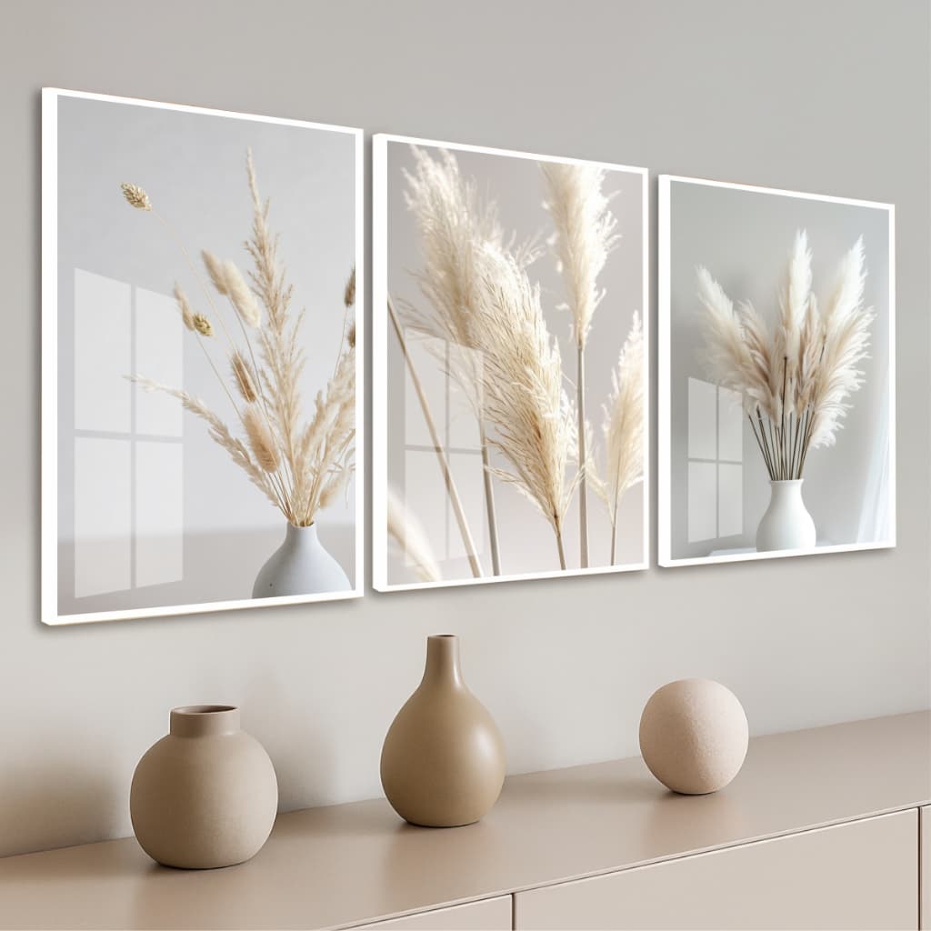Trio Quadro Moldura e Vidro Decorativos Capim Dos Pampas Vasos Cores Neutras Quarto Sala Escritório