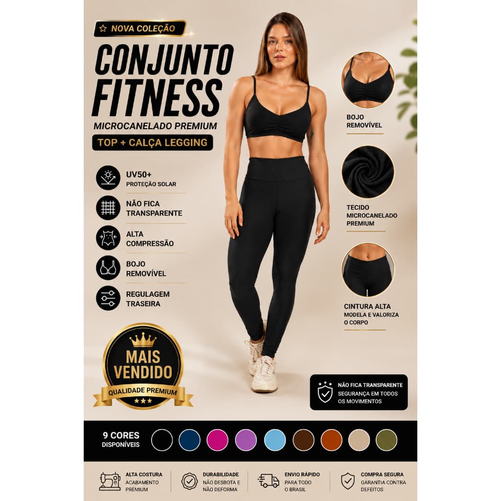 Conjunto fitness academia micro canelado shine top bojo removível + calça legging UV compressão 28