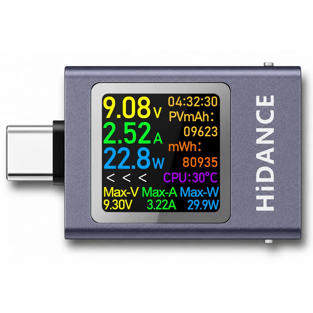 Testador USB-C HiDANCE Medidor de Tensão Corrente Potência PD QC 240W Colorido