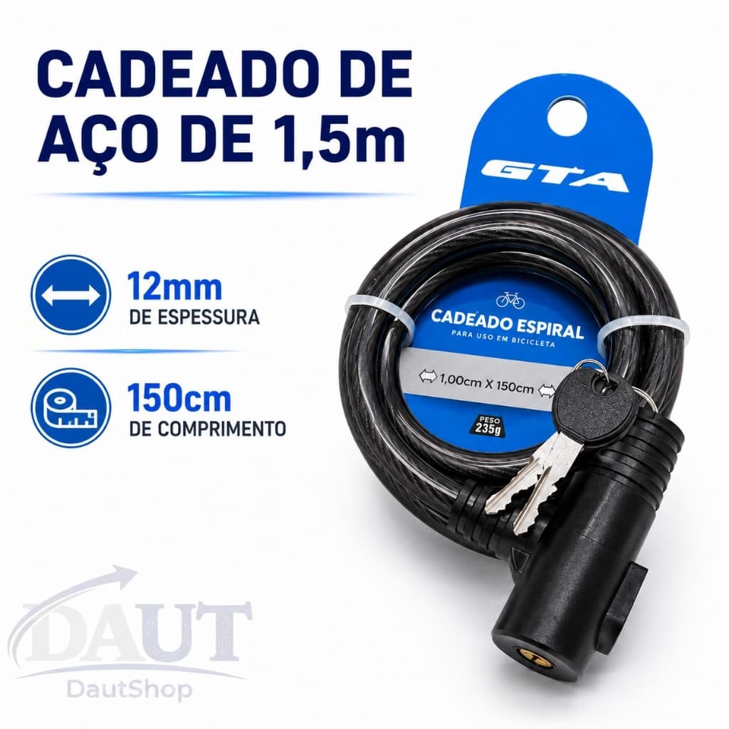 Cadeado de Aço GTA para Bicicleta Moto 1,5metros x 12mm Grosso Reforçado Preto - Antifurto - Segurança