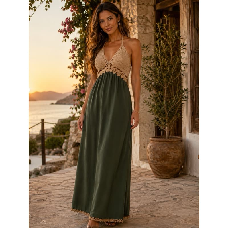 vestido longo em viscose e crochê vestido feminino