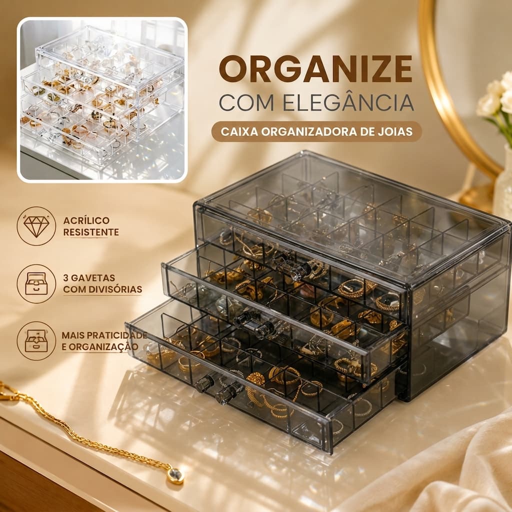 Caixa Organizadora de acrílico com três gavetas.