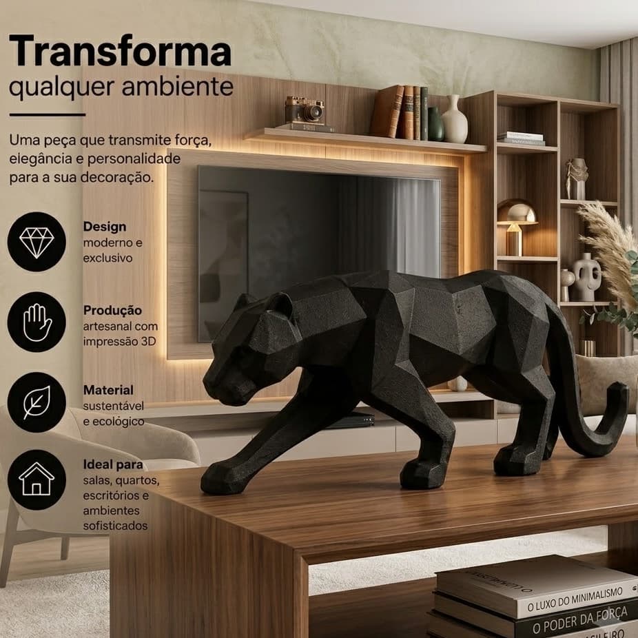 Escultura 3D Pantera Branco Geométrica Estatuetas Decoração Preto Fosco