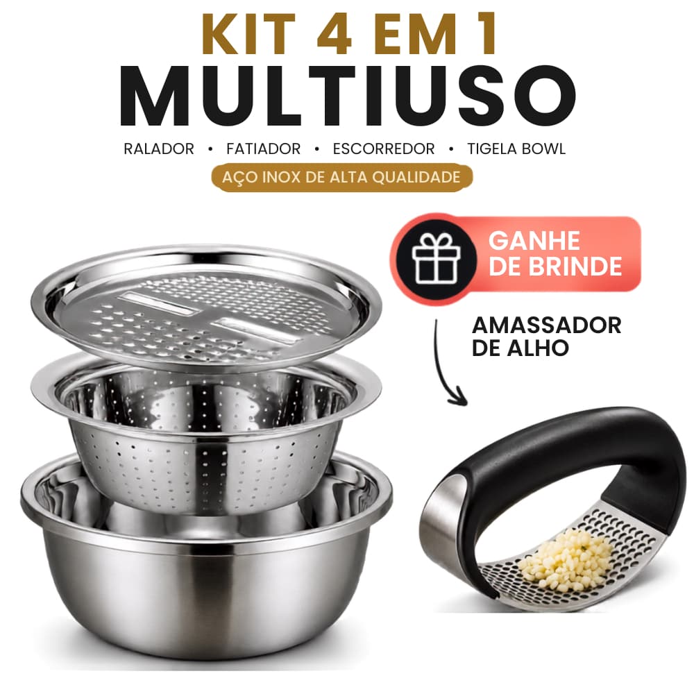 Kit Ralador 4 Em 1 Inox Bowl Escorredor Fatiador Cozinha Utensílio Multifuncional