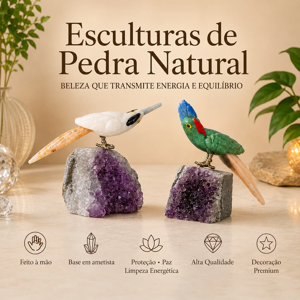Pássaros Pedras Naturais Base Ametista Escultura Artesanal Decoração Premium Arara Papagaio Cacatua