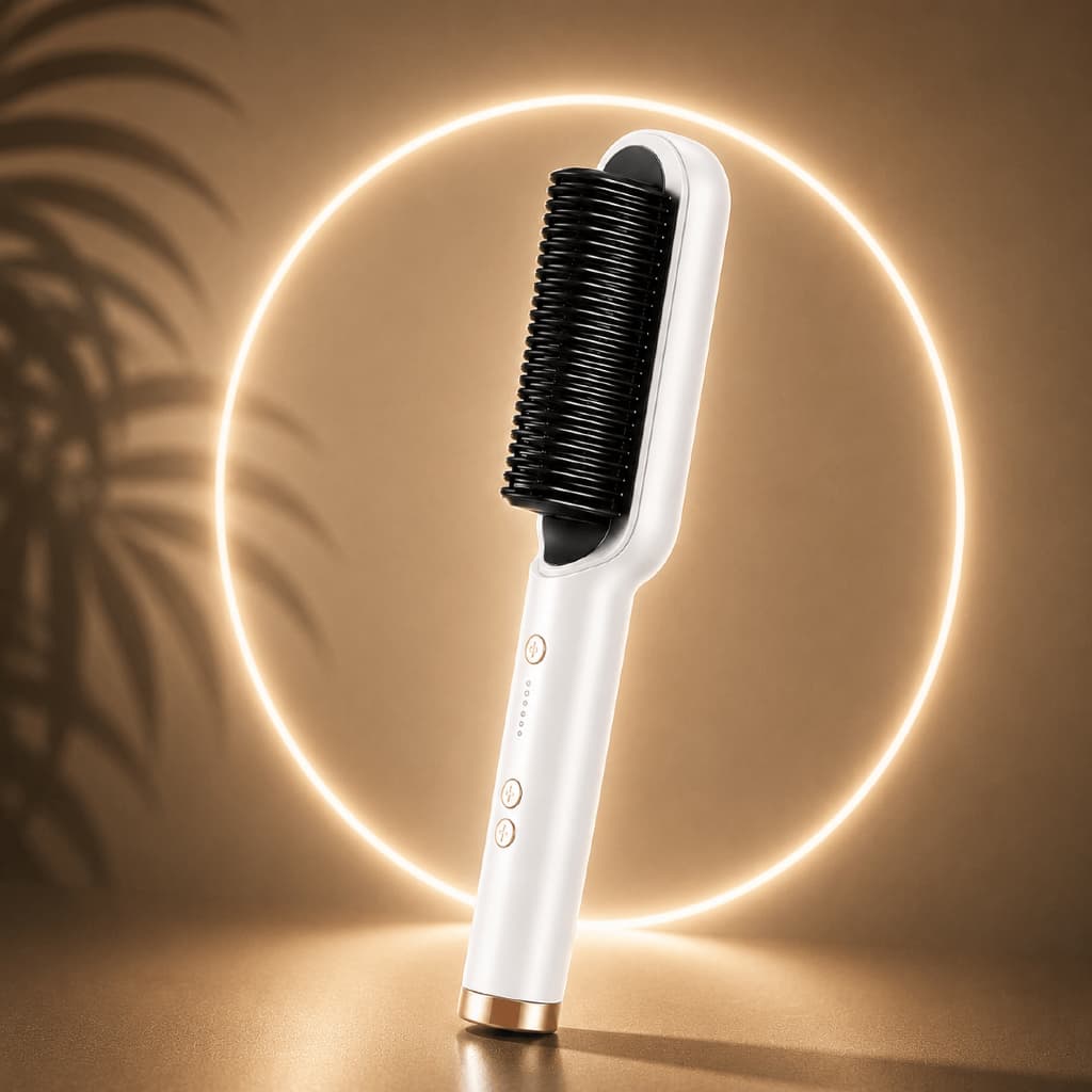 Escova Alisadora de Cabelo Elétrica Bivolt 5 em 1 Alisa Hidrata Modela Alinha Anti-Frizz 5 Temperaturas Ajustável Branca