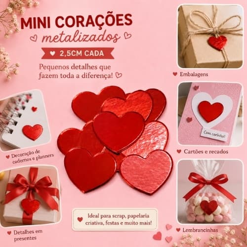 Kit 100/200 Mini Corações Apliques de Papel Vermelho Metalizado. Scrapbook. Festa. Dia dos Namorados. Casamento. Bodas