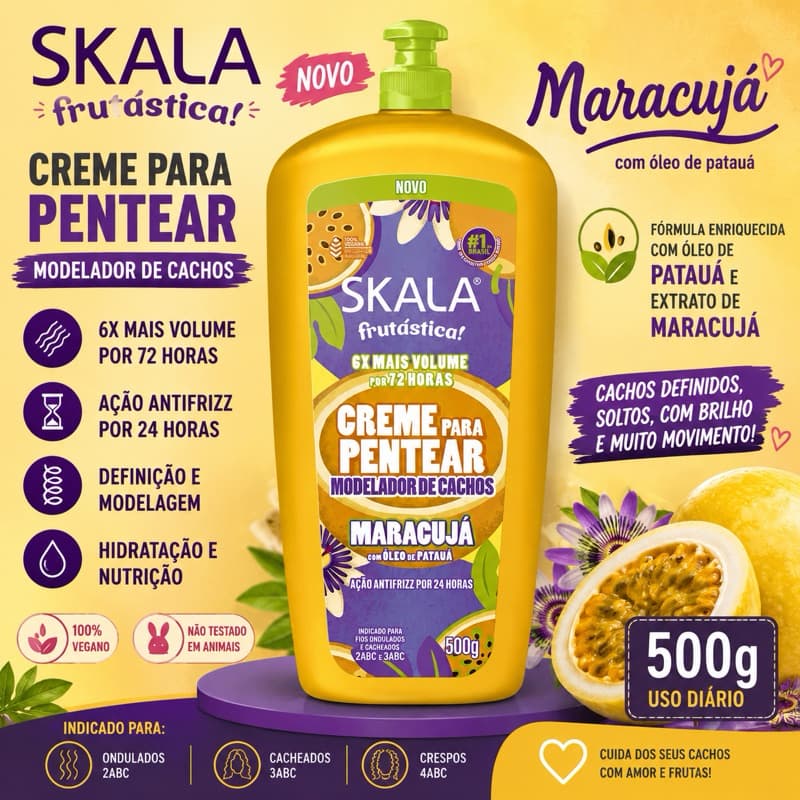 Creme para Pentear Skala Frutástica Maracujá 500g Modelador de Cachos 6x Mais Volume Antifrizz