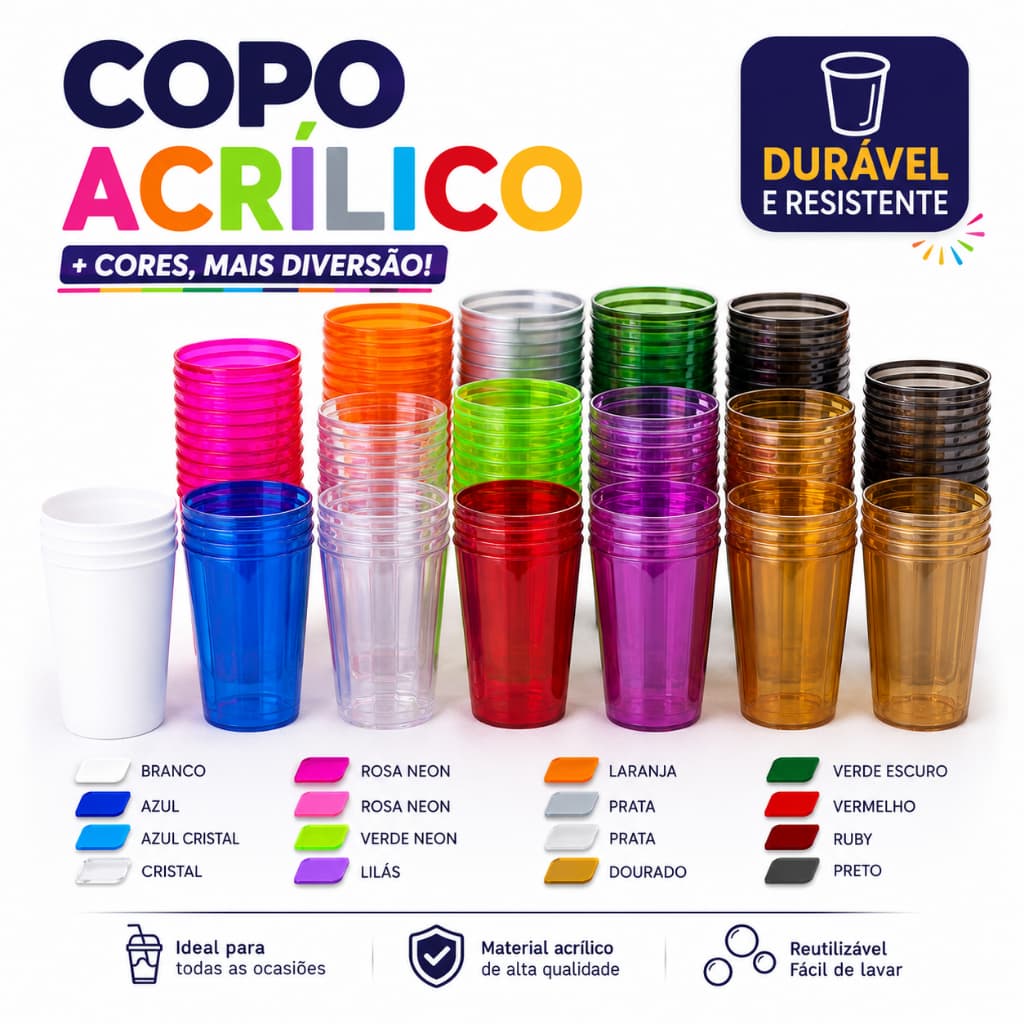 Copos Acrílico Colorido 300ml Para Festa Aniversario Resistente Reutilizável