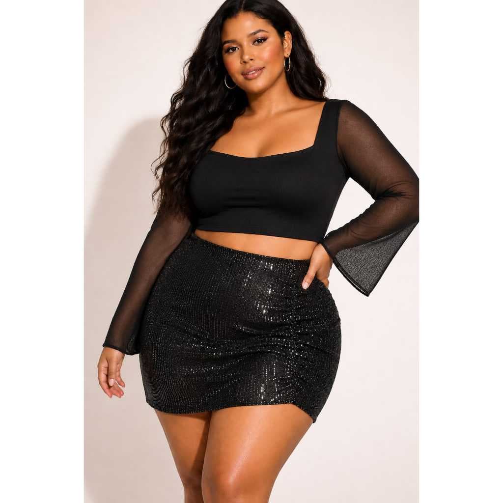 Mini Saia Feminina Plus Size em Paetê com Brilho Cintura Alta